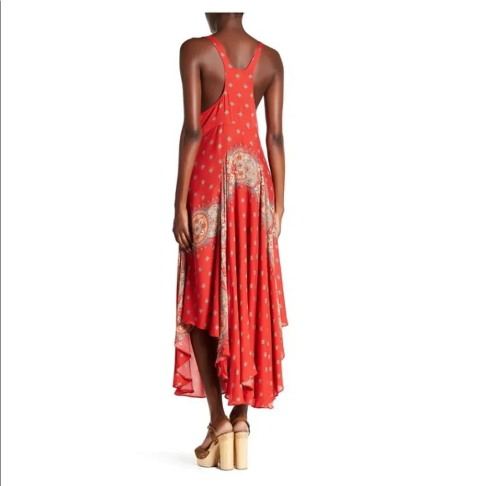 Free People Faithfully Yours V Neck Slip Dress Maxi Red Paisley Boho Hippie XS